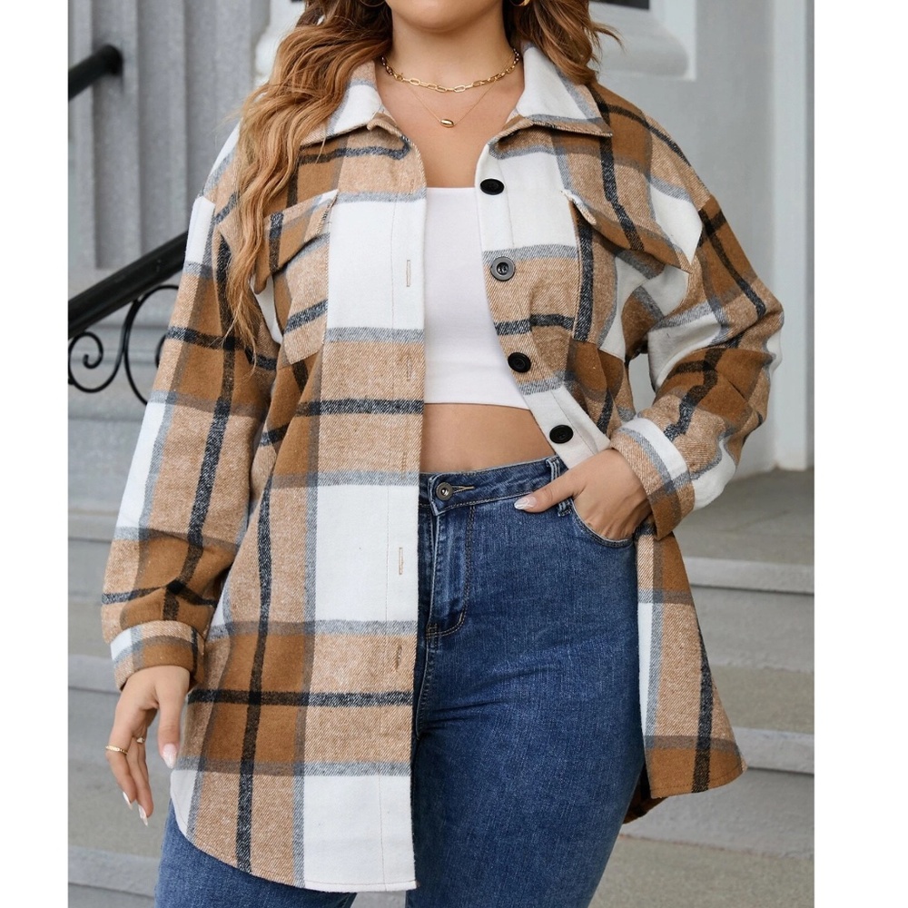 Plus Plaid Print Button Down jacket Shacket - Picture 7 of 10